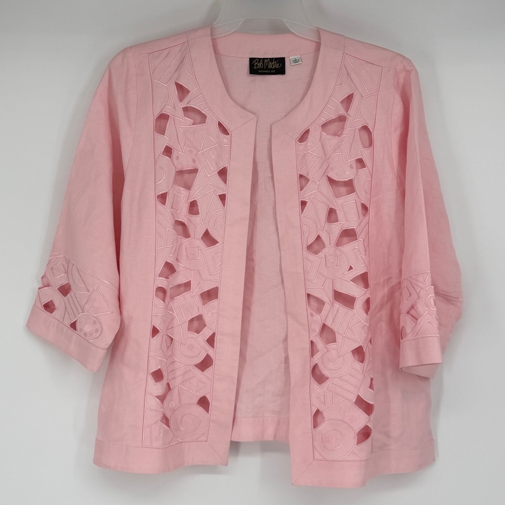 Bob Mackie Wearable Art Pink Linen Blend Cutout Geometric Open Front Jacket L